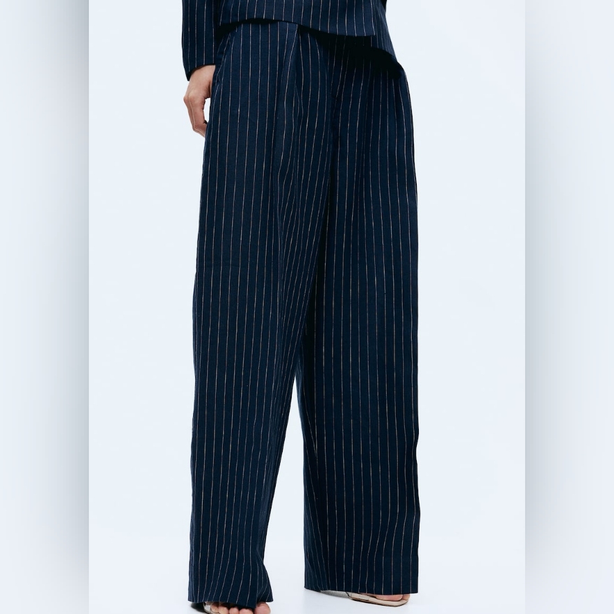 H&M Balloon Leg Pinstripes Linen Pants Navy Blue/Cream Sz 14 Bnwt Pants Only